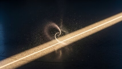 Artistic shot capturing a spiral of particles illuminated by a beam of light