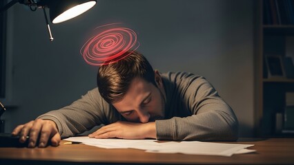 Man asleep at desk with swirling red light above head, lit by lamp, symbolizing exhaustion