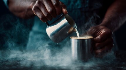 A skilled barista carefully pours steamed milk from a pitcher to create latte art in a metal mug