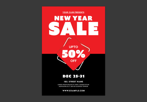 Editable New Year Sale Poster Template with 50% Discount Offer in Red and Black Color.