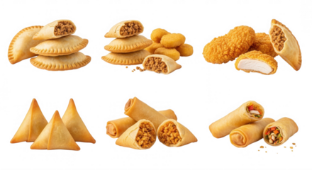 Golden fried savory pastries and chicken isolated on a transparent background