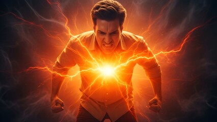 Man with clenched fists and angry expression, engulfed by fiery energy, representing fury