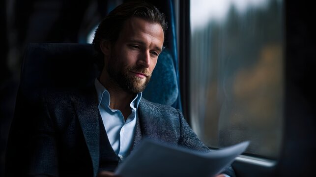 Professional man reading documents on a train journey