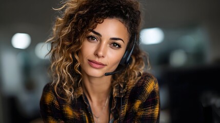 Professional woman with headset in a modern office engaging in customer service communication