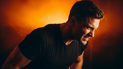 A man in a black shirt grimaces with clenched teeth and furrowed brow, under a red light