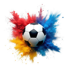 Soccer ball exploding with colorful powder on black background isolated on white background isolated on transparent background