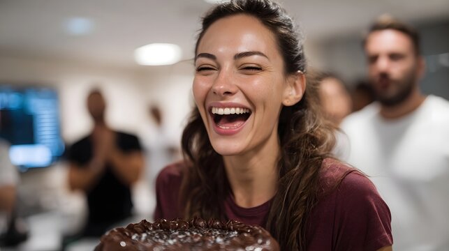 A happy woman laughs heartily while holding a decadent chocolate cake at a celebratory indoor event