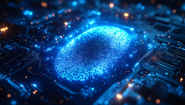Digital Fingerprint: An illuminated digital fingerprint glows atop a network of circuit boards, symbolizing security and the intricate world of technology. 