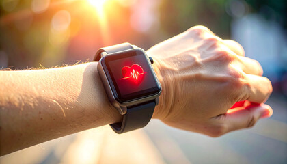 Monitoring Health with Smartwatch: A close-up view of a person's wrist, showcasing a smartwatch displaying a vital heartbeat rhythm. Perfect for health, technology, and well-being themes.