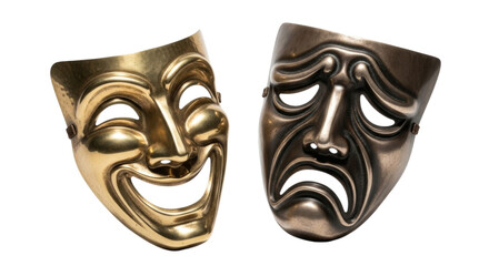 Naklejka premium Comedy and Tragedy Theatrical Masks Gold and Bronze Isolated PNG Cutout Transparent