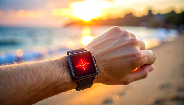 Wellness Tracking at Sunset: A person wearing a smartwatch on the beach at sunset, emphasizing the concept of health and fitness with the ocean and setting sun in the background.