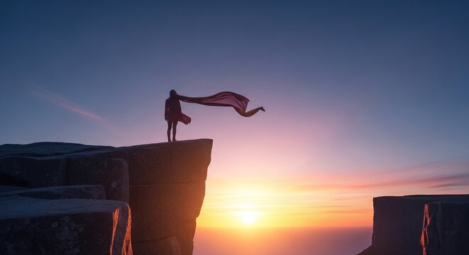 Woman silhouette cliff edge sunset freedom adventure travel destination scenic landscape view point horizon sky