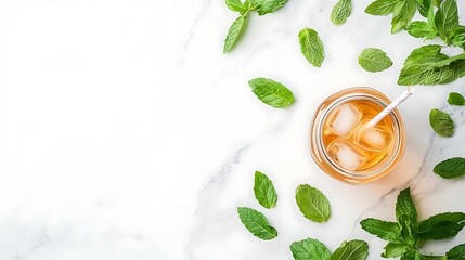 Refreshing Mint Beverage with Ice Cubes on a Marble Surface Surrounded by Fresh Mint Leaves