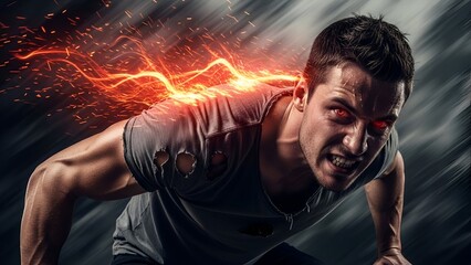 Intense portrait of a man with glowing eyes, surrounded by energetic fire-like streaks