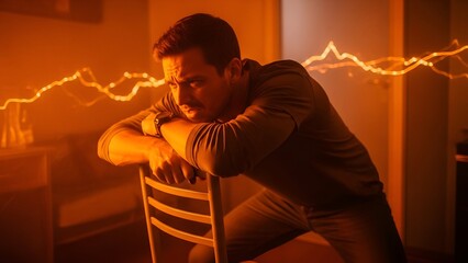 Man sits on a chair, leans on it, looks concerned, lightning effect, dramatic lighting