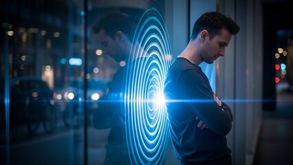 Man gazing downwards with arms crossed, next to reflective surface. Futuristic effect. Blue