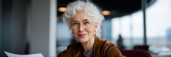 Caucasian mature female with glasses in office setting holding documents