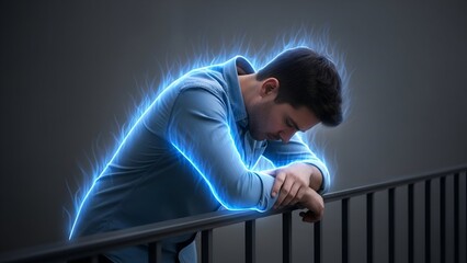 Man with glowing blue energy around his silhouette, leaning on a dark-toned railing, looking down