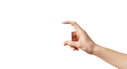 Close up of a hand holding a blank white card isolated on transparent background