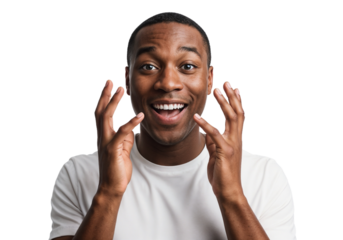 Joyful man expressing excitement with a big smile and hands raised, captured in front of a plain background