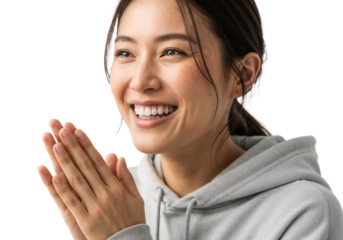 Smiling young woman expresses joy and excitement while wearing a cozy gray hoodie in a bright and cheerful setting