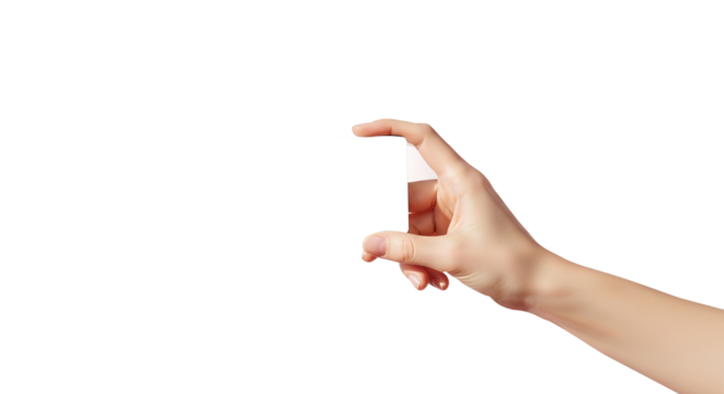 Close up of a hand holding a blank white card isolated on transparent background