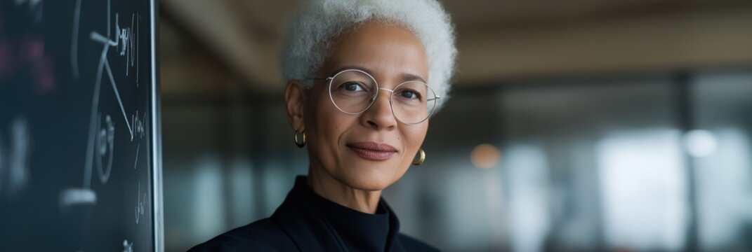 Confident mature african female academic near blackboard in office setting