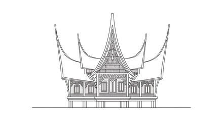 Outlined Traditional Building with Elaborate Roof Design