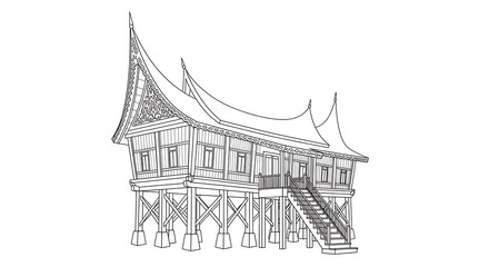 Drawing of Traditional House with Unique Roof and Raised Foundation