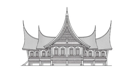 Drawing of Traditional Architecture with Curved Roof Design