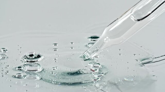 Drops of Essential Oil, Cosmetic Serum Fluid Gel With Molecule Bubbles Spreading From a Glass Pipette. Dermatology science laboratory. Macro Shot of Organic Skin or Body Care Products. High quality 4k