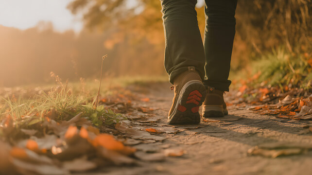 Person walking on a path covered in autumn leaves during golden hour