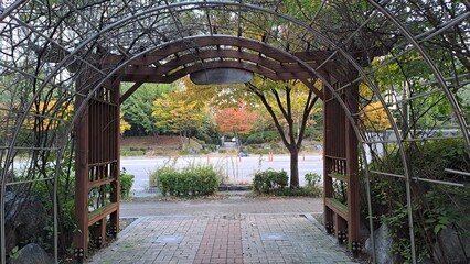 autumn archway leading to a colorful park in the city