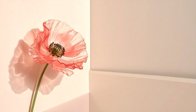 一輪のポピーが静かに佇むフォトリアルなミニマル構図。
柔らかな斜めの自然光が花びらを透かし、長い影が奥行きを演出します。
1970年代のレトロトーンで、ブランド背景や広告に最適なビジュアルです。