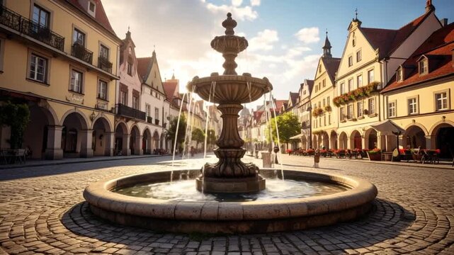 Charming European town square with a beautiful stone fountain in the center.