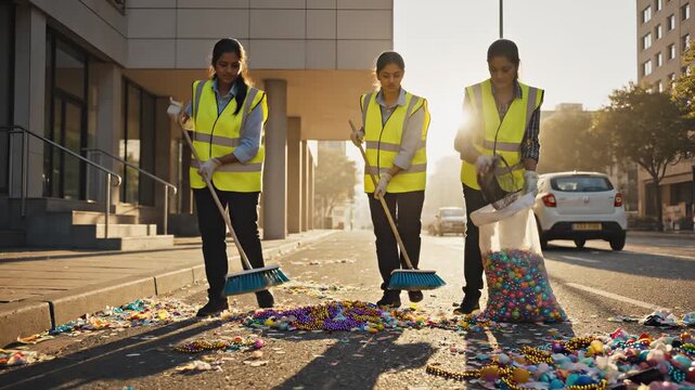 Three women in reflective vests are cleaning colorful beads from the street, showcasing teamwork and dedication, camera pans across the scene