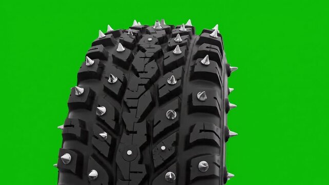 Close-up of a studded bicycle tire with sharp metal spikes for extreme winter traction.