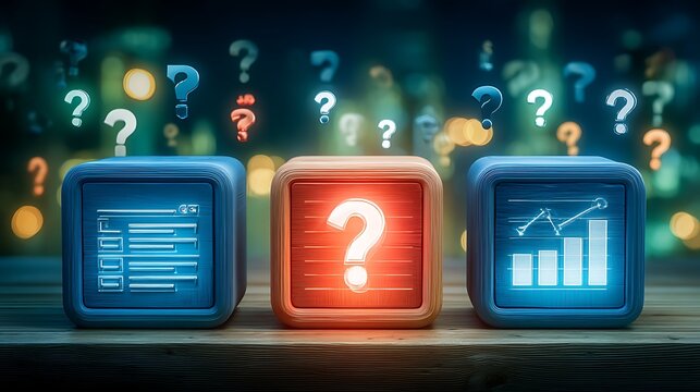 Colorful question marks on cubes display uncertainty and analytics in a night setting with blurred background lights