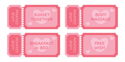 Set of love coupons for a romantic date and mood. Love coupons for a boyfriend or girlfriend