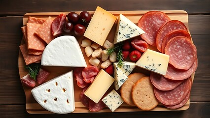 gorgonzola. Gourmet cheese and charcuterie board on rustic wood, top-down culinary arrangement. menu design, packaging mockups, designed for culinary blogs and recipe cards for restaurants.