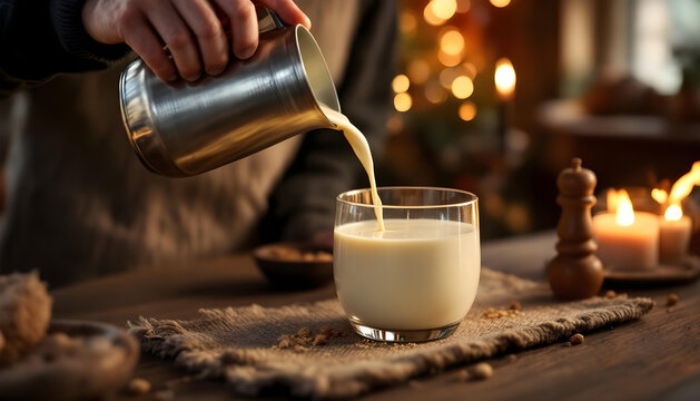 A glass bowl of classic egg nog being poured, a nutmeg grater nearby