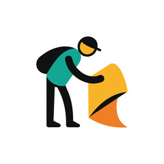 Person in a cap and backpack holding a folded orange and yellow sheet