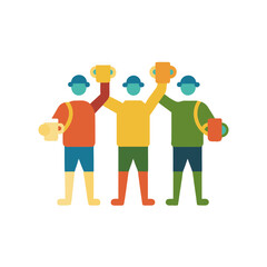 Three friends celebrating with beer mugs raised high in a toast