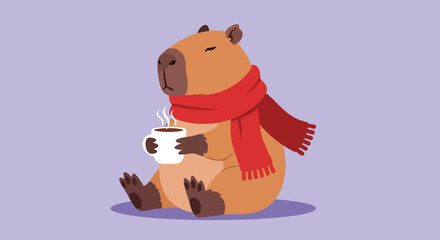 Adorable Capybara Wearing a Scarf and Holding a Hot Drink.