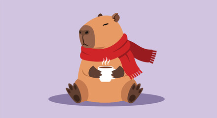 Adorable Capybara Wearing a Red Scarf Holding a Steaming Cup of Coffee.
