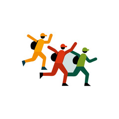 Three colorful figures running together in a dynamic motion