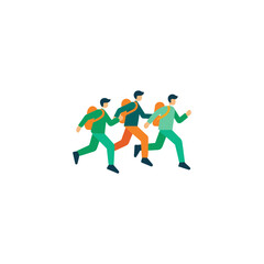 Three diverse backpackers running together in a team with determination and speed