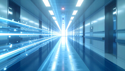 Obraz premium Illuminated Corridor: A modern corridor bathed in an ethereal, vibrant blue light. The interplay of light and architecture creates a sense of forward momentum and futuristic design.