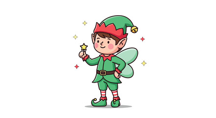 Adorable cartoon elf with fairy wings holding a magic wand.