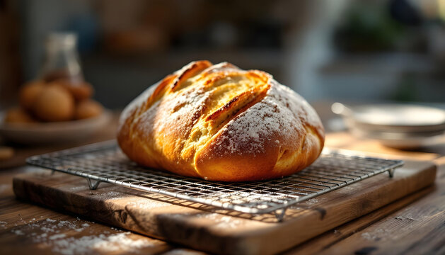 A single Stollen bread loaf dusted with icing sugar, on a cooling rack
